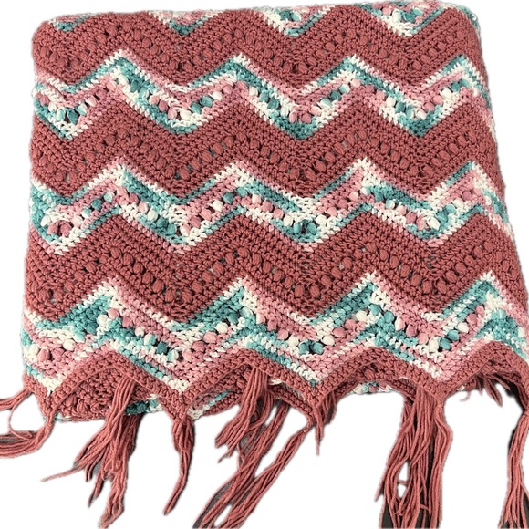 Handmade Chevron Crochet Blanket throw with Fringe 64x40”